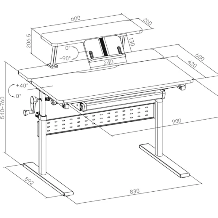 Ergo Office Kinderschreibtisch ER-483, ergonomisch mit Höhenverstellung 54-76 cm und Neigungsverstellung bis 40°, inkl. Ablage und Schublade – Bild 3