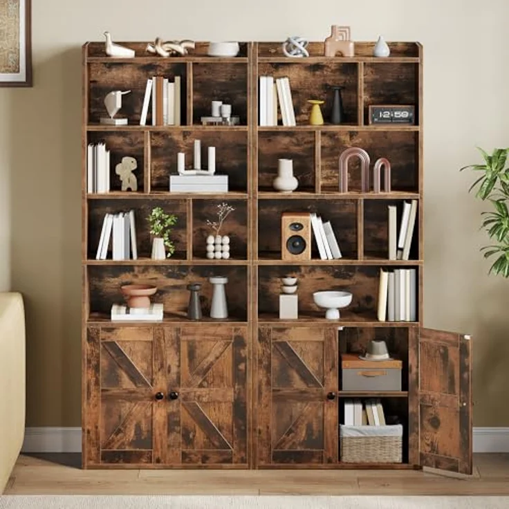 YITAHOME 4-stöckiges Bücherregal mit Türen und Schrank, freistehendes Bücherregal mit offenen Fächern für Zuhause, Büro, Wohnzimmer und Schlafzimmer, rustikales Braun, 60 x 30 x 159 cm – Bild 7