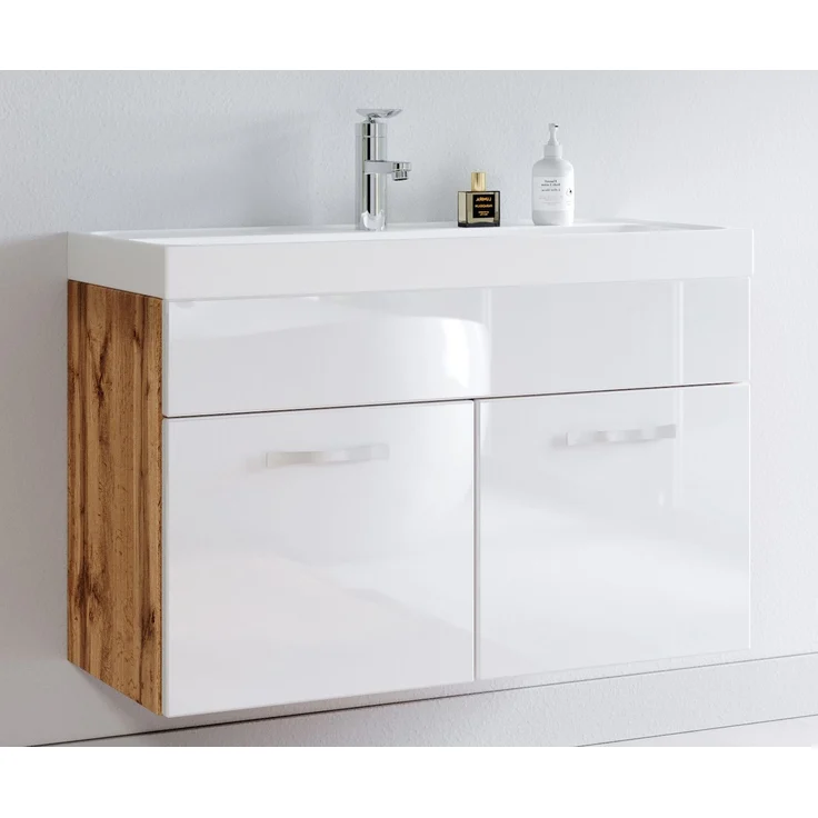 Badplaats Badmöbel Set mit Waschbecken und Unterschrank Paso 01 80 x 40 cm Eiche mit Weiß Hochglanz - Waschbeckenunterschrank mit Waschbecken – Bild 2
