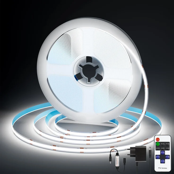 LED Strip COB Streifen 5m, Band 6500K Weiß Dimmbar mit Fernbedienung, Lichtleiste Selbstklebend 24V, 36W Fernseher Beleuchtung Sehr Hell für Küche, Wohnzimmer, Treppe, Schlafzimmer