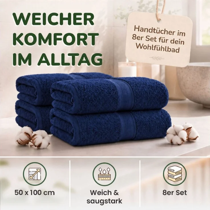 leevitex® Handtücher 8er-Set, 50 × 100 cm, aus 100% Baumwolle, Navyblau, Frottee (Set, 8-St), OEKO-TEX® STANDARD 100 zertifiziert und hochwertig verarbeitet – Bild 2