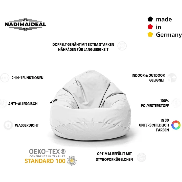 Nadimaideal Sitzsack Tropfenform Kastanie | Bodenkissen für Kinder & Erwachsene | Indoor & Outdoor | Gaming Sitzsack - Sitzkissen - Beanbag | Füllung EPS Perlen (Weiß, XXL-Durchmesser 88 cm) – Bild 3