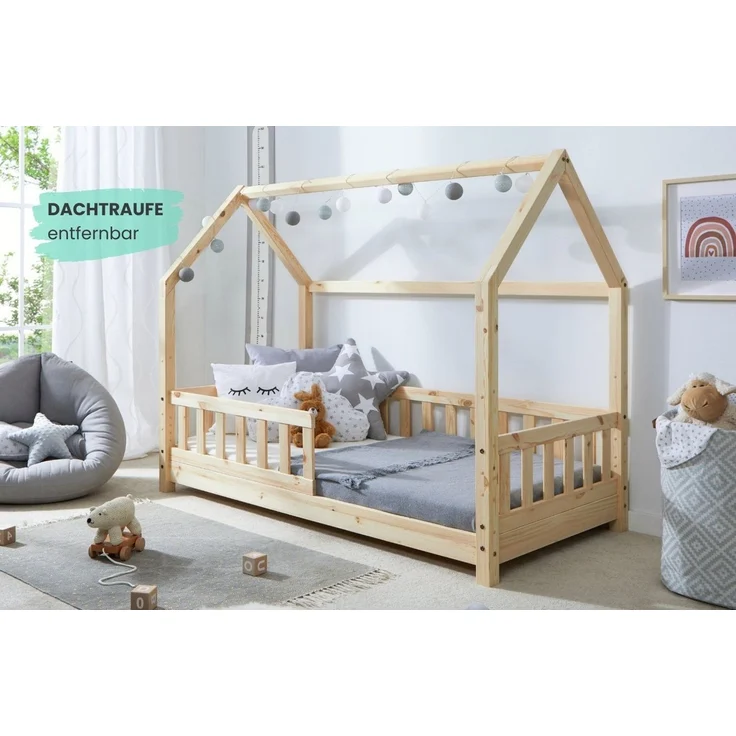 Ticaa Hausbett Kay mit Rausfallschutz aus Kiefer, Kinderbett 80x160, inkl. Dach, mit Rollrost, mit Matratze – Bild 3