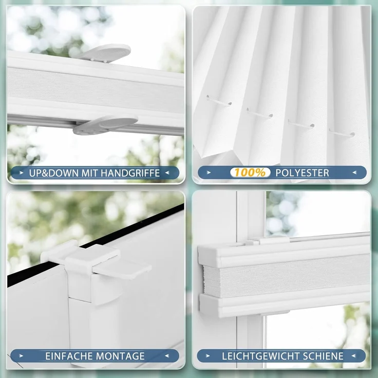 Sanfree Plissee Klemmfix Plisseerollo ohne Bohren Weiß B100 x H130cm inkl. Klemmträger Blickdicht und lichtdurchlässig Jalousie Faltrollo Sichtschutz und Sonnenschutz Rollo für Fenster & Tür – Bild 3