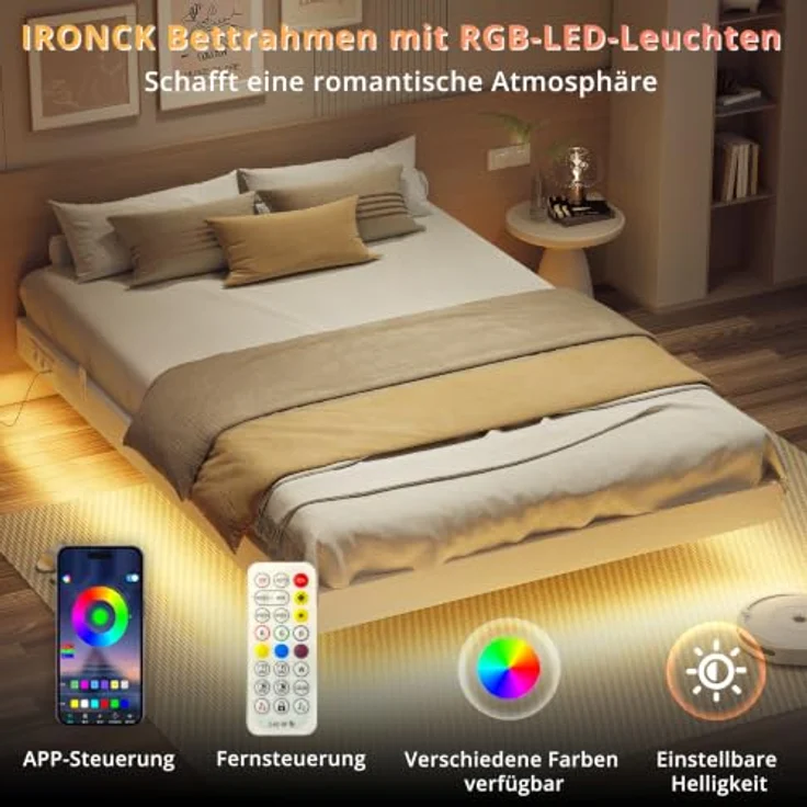 IRONCK Bettgestell 140x200 cm, Schwebender Bett mit LED Beleuchtung, Gepolsterte Seitenwände, 2 AC-Steckdosen, 2 USB-A-Anschluss, 1 USB-C-Anschluss, Metallbett mit Lattenrost Doppelbett, Weiß – Bild 3