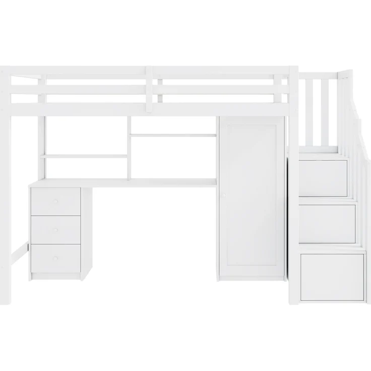 Merax Hochbett Etagenbett 90*200cm Kinderbett mit Schreibtisch und Kleiderschrank, Treppe, multifunktionales Kinderetagenbett, ausgestattet mit Schubladen und Treppenschrank, weiß – Bild 7