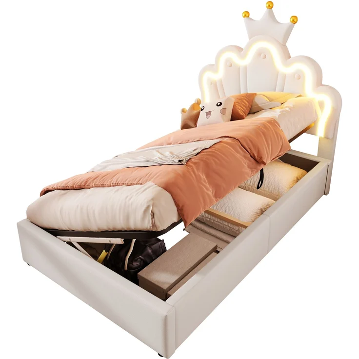 EINHOM Polsterbett, 90 x 200 cm, LED-Lichtband, mit Hydraulischem Hebemechanismus, Prinzessinnenbett in Kronenform, Verstellbares Kopfteil, PU, Weiß, (Ohne Matratze) – Bild 5