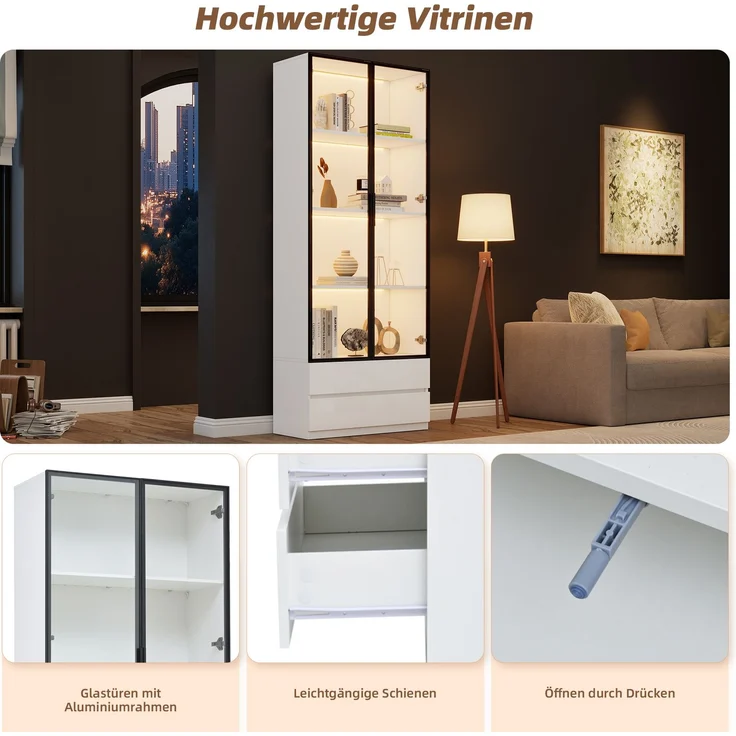N625P332011012W)80*34*200cm Vitrine, Hochschrank mit LED-Leuchten, Wohnzimmer-Beistellschrank mit 2 Türen,Vitrinenschränke mit 2 Schubladen,Aufbewahrungsregale, Bücherregal, Display Regal,Weiß--Weiß--80x34x200cm--YOUDENOVA – Bild 8
