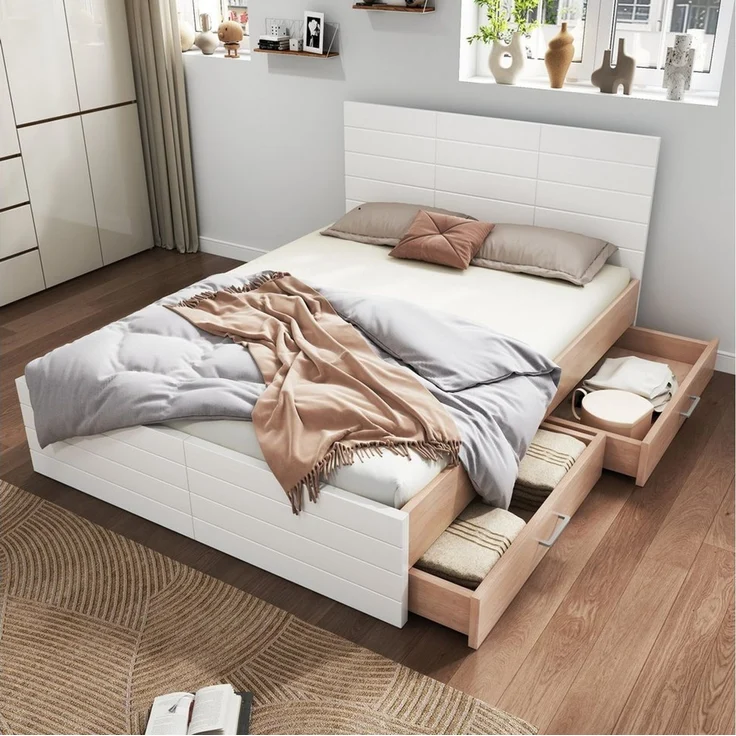 SOFTWEARY Massivholzbett mit Schubladen und Lattenrost (140x200 cm), Kopfteil, Kiefer – Bild 2