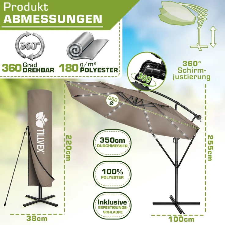 tillvex Alu Ampelschirm Cappuccino LED Solar Ø 350 cm mit Kurbel | Sonnenschirm mit An-/Ausschalter | Gartenschirm UV-Schutz Aluminium | Kurbelschirm mit Ständer Marktschirm wasserdicht – Bild 2
