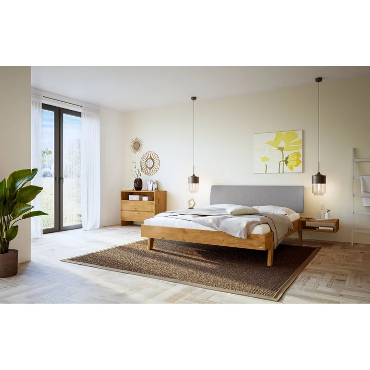 Hasena Massivholzbett Lorenzo Wildeiche mit Polsterkopfteil, Bezug Pace Light Grey 100x210 cm, Komforthöhe 25 cm – Bild 2