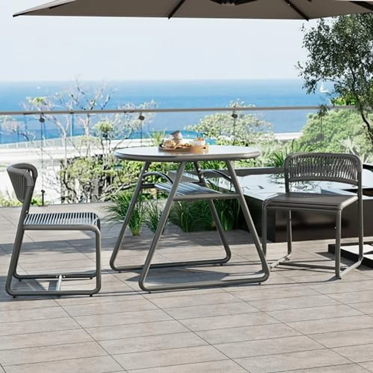 GarveeHome Bistrotisch mit 2 Stühlen, Modernes 3-teiliges Bistro-Set für Garten, Balkonmöbel Set mit 80cm Tisch&2 Stühle aus wetterfestem, Terrassenmöbel Möbel Set für Kleinen Balkon（Grau） – Bild 8