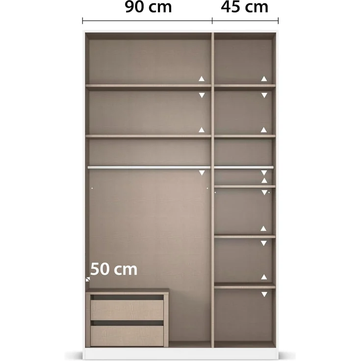 Rauch Möbel Alabama, Kleiderschrank, Garderobe, 3-türig, Spiegel, Zubehör Premium, 2 Kleiderstangen, 7 Einlegeböden, Schubladeneinsatz, Farbe Hochglanz Weiß/Weiß, Griff Grau metallic, 136 x 229 x 54 cm – Bild 7
