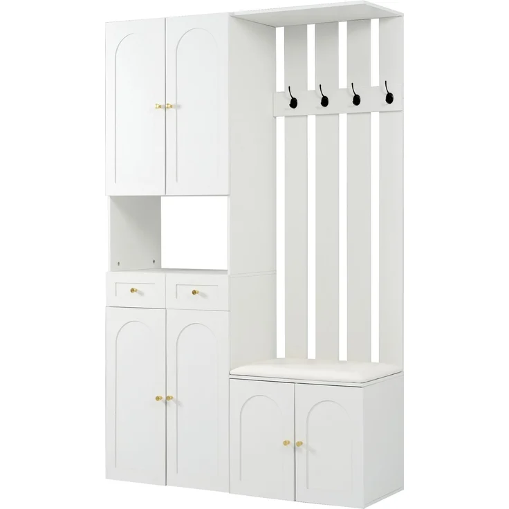 DESVIAE Garderobenschrank-Set mit Schuhbank, 110x180x37 cm, Spanplatte Weiß, 2 Schubladen und 4 Haken – Bild 8