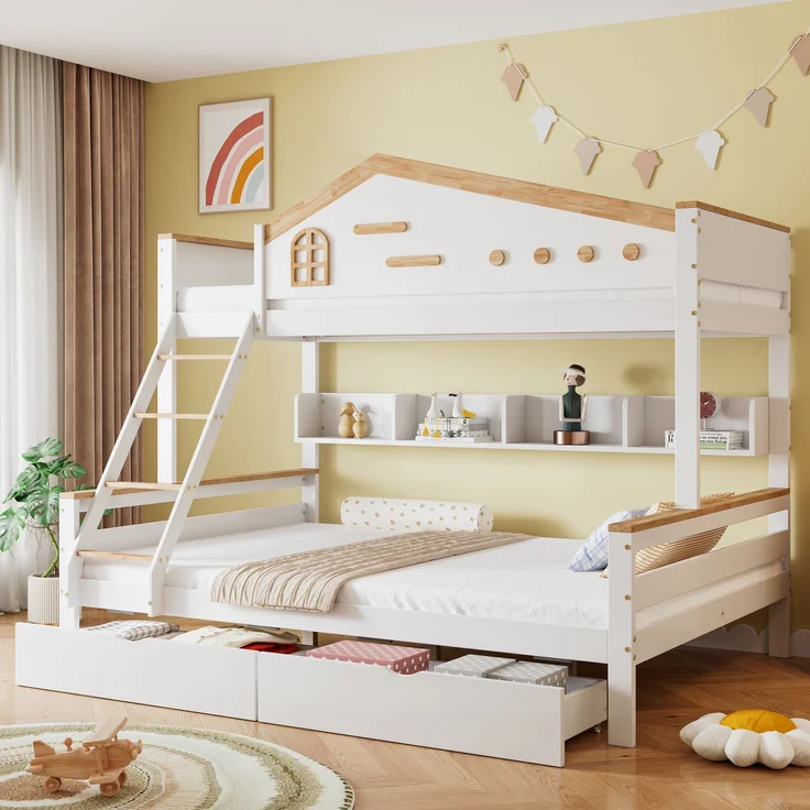Etagenbett 90×200 & 140×200 – Offenes Regal, 2 Schubladen, vierstufige Schrägleiter, rundum Fallschutz,Massivholz & MDF – Weiß & Natur – Bild 3