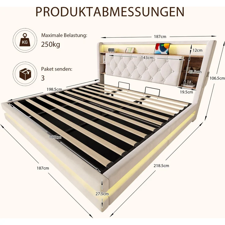 TavilaEcon Boxspringbett Samtbett, Polsterbett mit LED-Beleuchtung & USB-Ladefunktion beige Liegefläche 180 × 200 cm – Bild 2