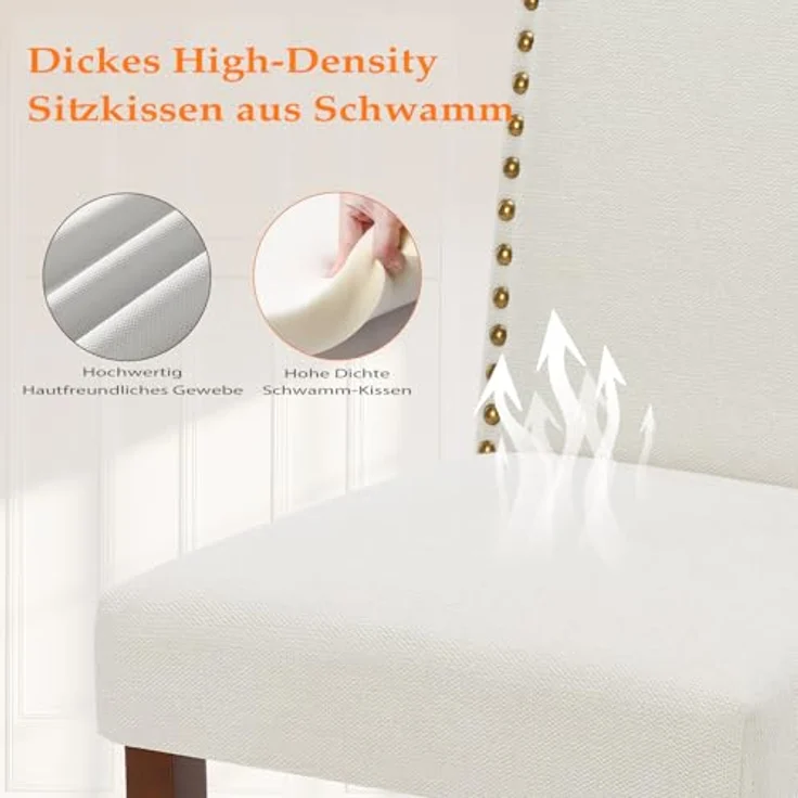 Sweetcripy Esszimmerstuhl (2er Set), Hochwertige gepolsterte Leder-Esszimmerstühle mit Nagelkopfverzierung und Holzbeinen, Esszimmerstühle für Schlafzimmer, Wohnzimmer, Esszimmer, Beige White – Bild 6
