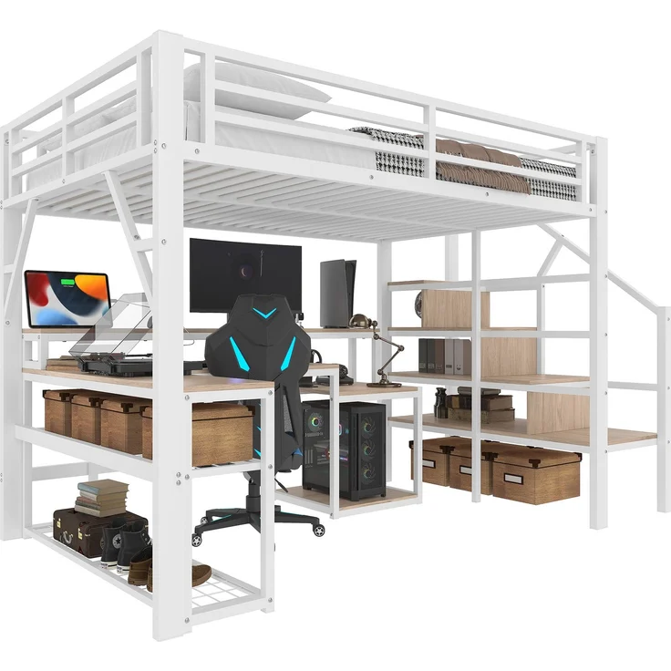 U-life Hochbett 140x200 cm, Eisenrahmen, Ablagefach, Treppenkonstruktionen, Sicherheitsgeländer, Metall, Weiß – Bild 7