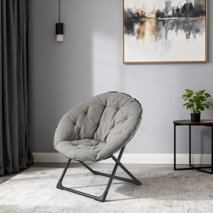 Sessel klappbar, kompakter Mondstuhl, grau mit Schafwoll-Polsterung und stabilem Metallgestell，80*80*37 cm – Bild 2