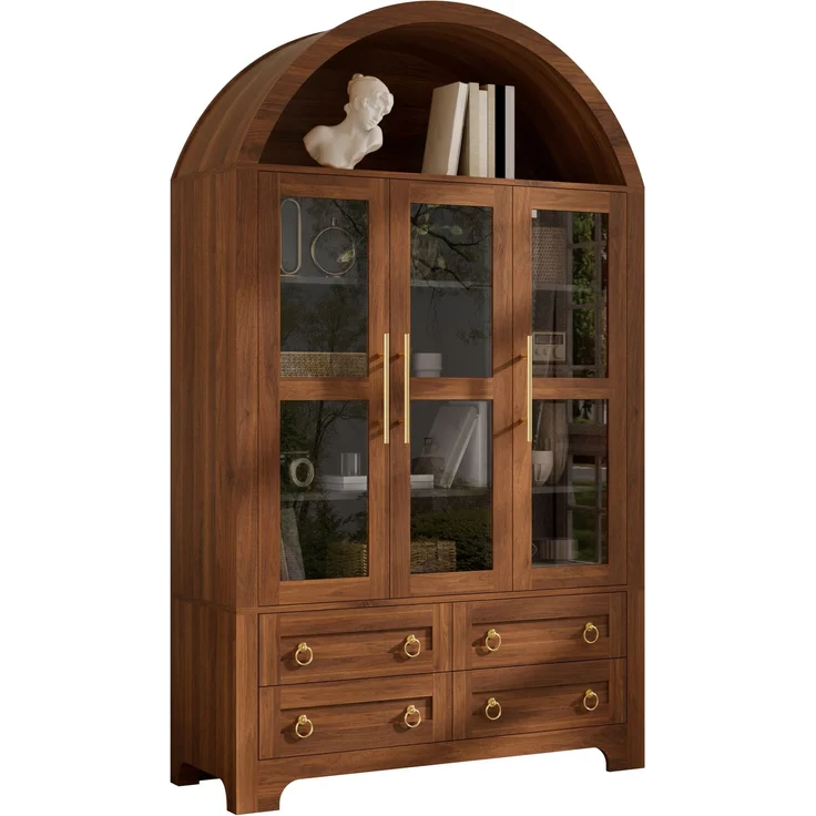 Flieks Vitrinenschrank, Hochschrank mit 3 Glastüren, 4 Schubladen & offener Bogennische, 110 x 40 x 185 cm, Walnussholzfarbe – Bild 10