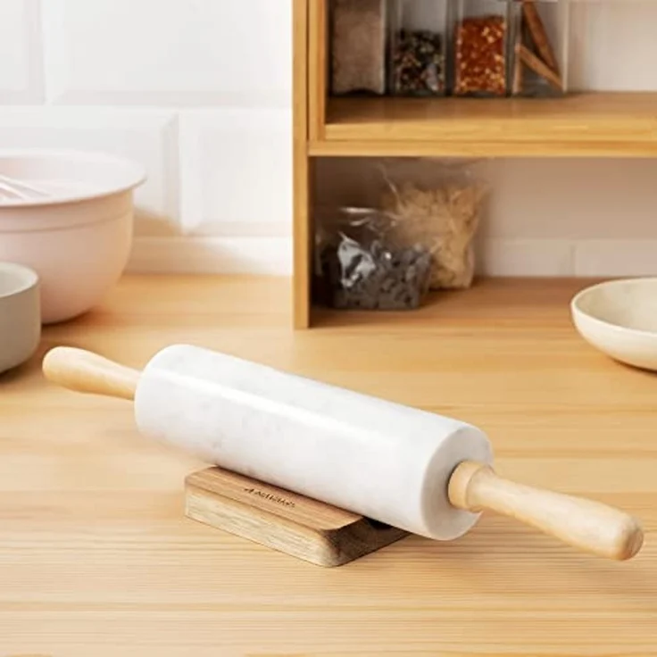 Navaris Nudelholz Teigroller und Ablage - Marmor Stein Nudelrolle mit Holzgriffen Marmor, (1-tlg) – Bild 2