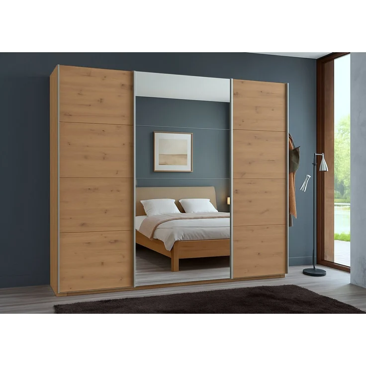 Schwebetürenschrank Kleiderschrank B225 cm extra H236 cm 3-türig Eiche Artisan Dekor, 1x Spiegeltür – Bild 3