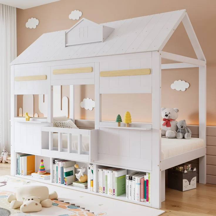 Merax Hochbett, 90x200cm Kinderbett, Feines hausförmiges Design, ZMit einer Reihe Bücherregal, Stabiler Lattenrost, Weiß – Bild 2