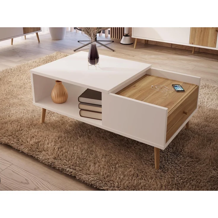Forte HARLLSON, einfache Montage Dank EasyKlix by Couchtisch Weiß mit Holzdekor: Mauvella Eiche Wohnzimmertisch mit Schublade, Modern Mid Century Stil, 106 cm breit x 45 cm hoch x 60 cm tief – Bild 1