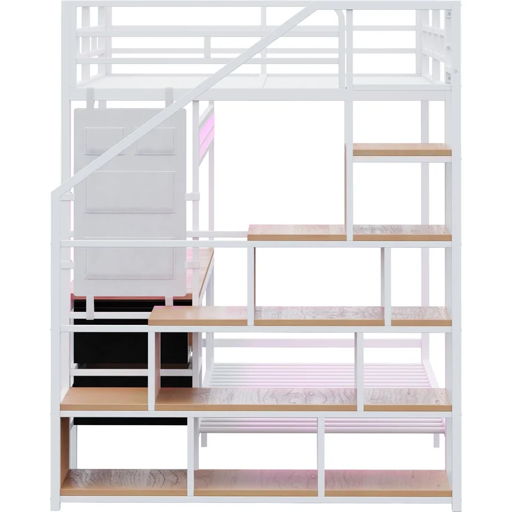 Hochbett Metall/MDF mit Schreibtisch, LED & USB-Anschluss, 247x144,5x170 cm, Weiß, ohne Matratze – Bild 9