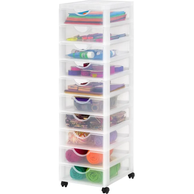 Iris Ohyama Kunststoff-Schubladenbox mit Rollen, 10 flachen Schubladen, Mattweiß, Griffe zum Ziehen, Für Schlafzimmer, Bad, Schule & Büro, BPA-frei, Schubladenschrank, Rollcontainer, DDDC-010