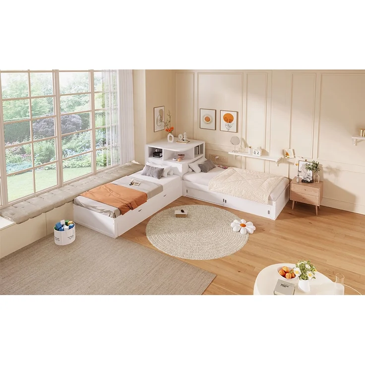 ZUBALIYA Holzbett 90 x 200 cm – Ausziehbett, Stauraum mit Schiebetüren, LED-Beleuchtung, MDF, Kiefer, Weiß – Bild 6