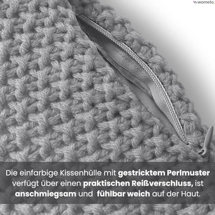 wometo Kissenhülle Strick, Grau, 45x45 cm, Oeko-Tex® zertifiziert, 2-teilig mit verdecktem Reißverschluss – Bild 5