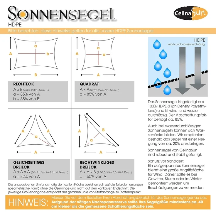 CelinaSun Sonnensegel inkl Befestigungsseile Premium HDPE wetterbeständig atmungsaktiv Dreieck rechtwinklig 2,5 x 2,5 x 3,5 m grün – Bild 5
