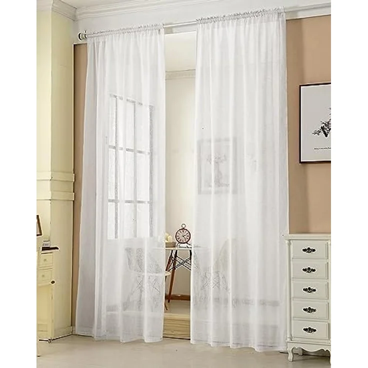 Woltu Gardine (2 St), Kräuselband, halbtransparent, 2er-Set mit Kräuselband Leinen Optik