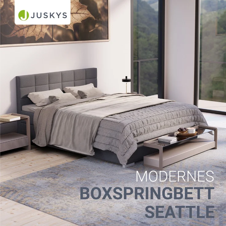 Juskys 'Seattle' Boxspringbett - hoher Komfort, weicher Malmo-Stoff, komfortable Einstiegshöhe, gepolstertes Kopfteil, inkl. Topper - Hellgrau, 180x200 cm – Bild 2