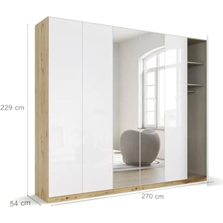 Rauch Möbel Alabama, Kleiderschrank für Schlafzimmer, Kinderzimmer, Wohnzimmer, Garderobe, Flur, 6-türig, Spiegel, mit Zubehör Classic, Farbe Weiß Hochglanz/Eiche Artisan, Holz, Breite 271 cm – Bild 3