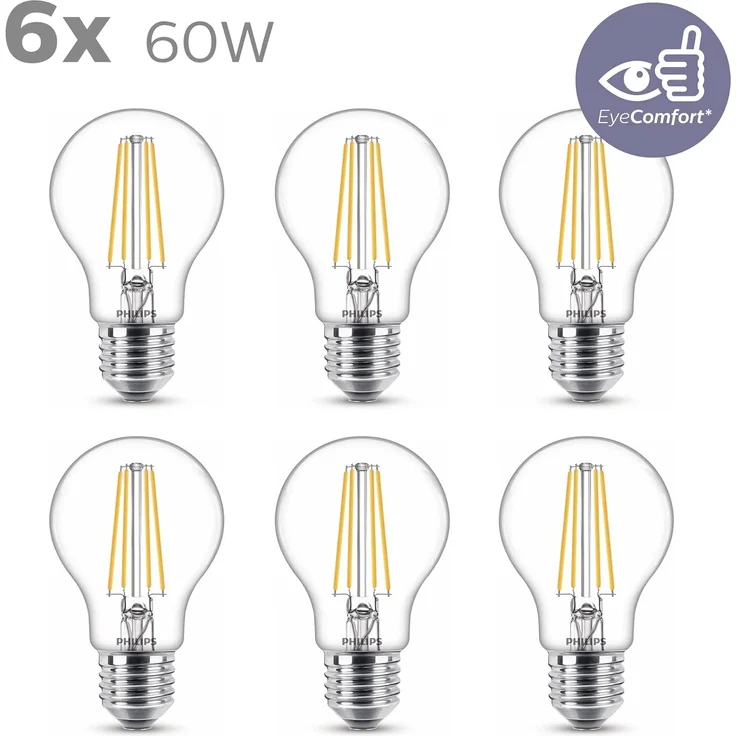 Philips LED Classic E27 Filament Lampen 6-er Pack (60 W), LED Lampen mit warmweißem Licht, energiesparende LED Beleuchtung mit langer Nutzlebensdauer – Bild 4