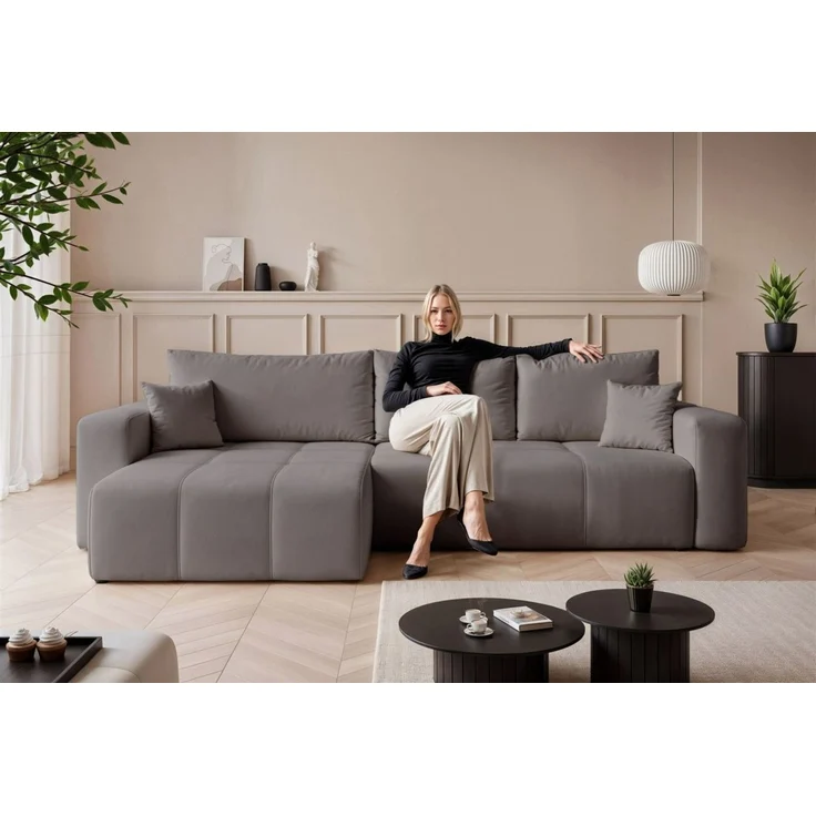 Ecksofa Schlafsofa Sofa LEROS in Stoff Manila Grau Ottomane Links – Bild 3