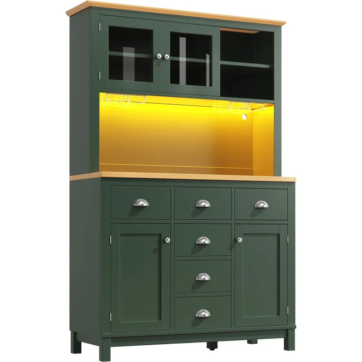 Seitenboard / Aufbewahrungsschrank / Küchenschrank / Buffetschrank, 104x40x180cm, Landhausstil, 4 Türen, mit LED-Lichtleiste & Getränkehaltern, Grün/Weiß--Grün--104x40x180cm--YOUDENOVA – Bild 10