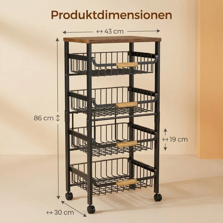 POPOLIC Küchenwagen Fünfstöckiges Metall-Küchenregal mit ausziehbaren Schüben, 86×43×30 cm, 4 ausziehbare Schubladen + oberste Ablage aus Holz – Bild 2