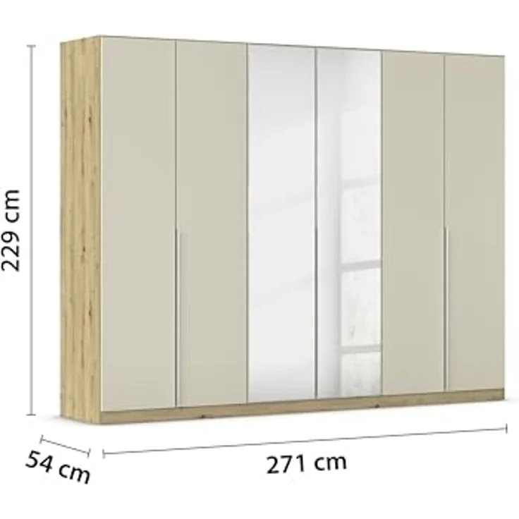 Rauch Möbel Alabama, Kleiderschrank für Schlafzimmer, Kinderzimmer, Wohnzimmer, Garderobe, Flur, 6-türig, Spiegel, mit Zubehör Classic, Farbe Beige/Eiche Artisan. Holz, Breite 271 cm – Bild 3