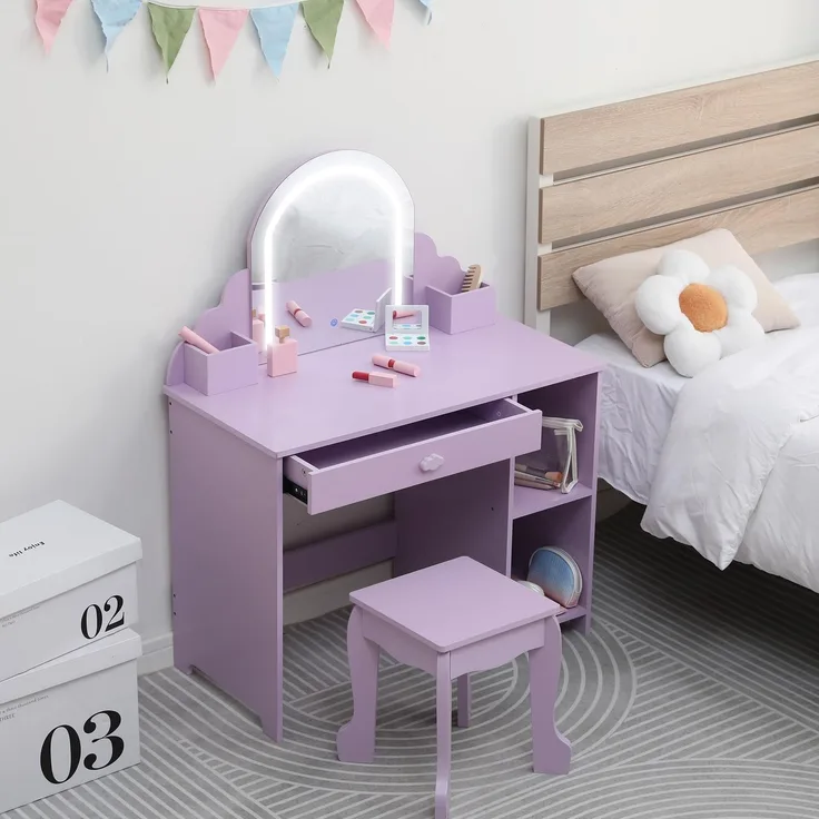 GarveeLife Schminktisch für Kinder, Mädchen, mit Hocker & LED-Lichtern, Schreibtisch für Kinder ab 3 Jahren mit Spiegel, Schminktisch Prinzessin mit 1 Schublade, Violett mit Zubehör