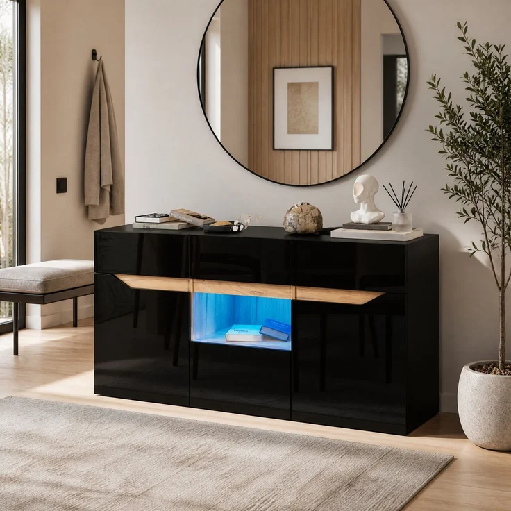 DESVIAE Sideboard mit 4 Schubladen und LED-Beleuchtung 140x70x40 cm Spanplatte Schwarz/Naturholz – Bild 1