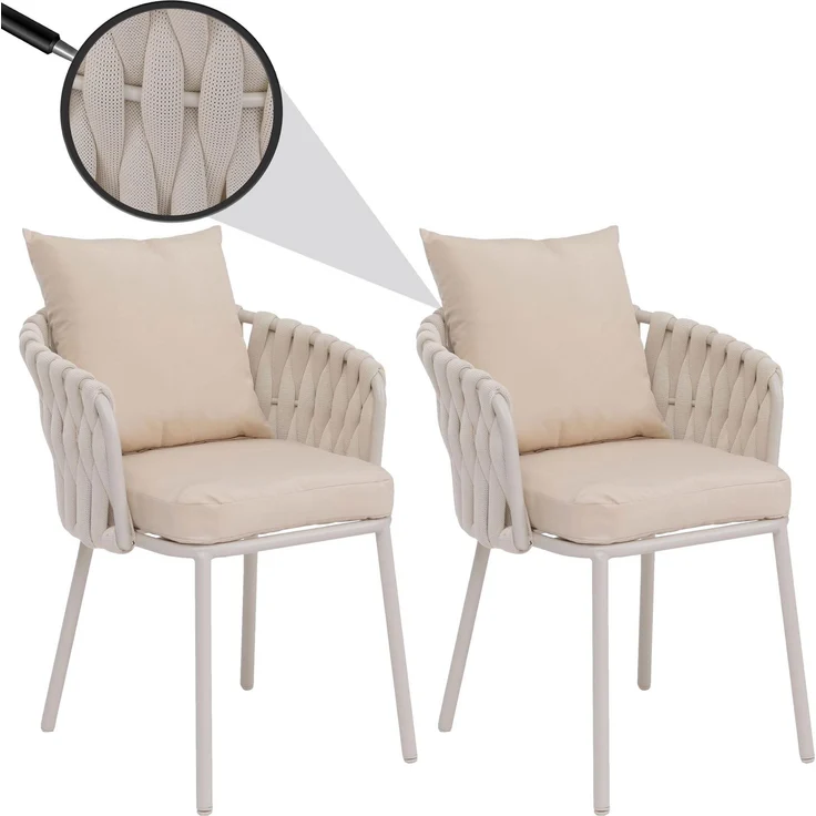 2er-Set Aluminium-Esszimmerstuhl HWC-P89, Indoor Stuhl Armlehne, Stoff/Textil (180 g/m²) Seilgeflecht Rope ~ creme – Bild 1