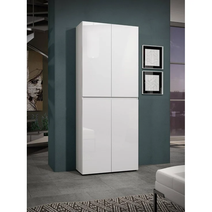 Dmora - Schuhschrank Alberton, Schuhregal, Mehrzweck-Eingangsgarderobe, Möbel für Schuhe, Made in Italy, 80x34h200 cm, Glänzendes Weiß