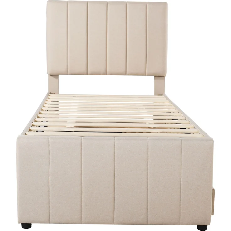 Polsterbett 90x200 cm mit Rollbett und Stauraumschubladen, hautfreundliche Leinenpolsterung, flaches Einzelbett, Kinderbett, Jugendbett, Gästebett (Beige) – Bild 6