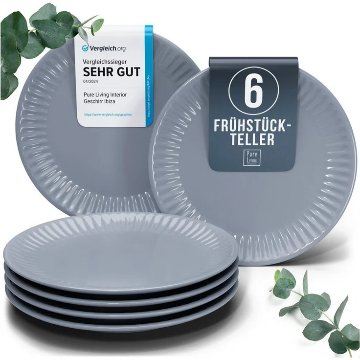 PURE LIVING INTERIOR DESIGN Geschirr-Set Hygge Dessertteller, Frühstückteller, 6er-Set, 20 cm, Graublau (6-tlg), 6 Personen, Steingut – Bild 1