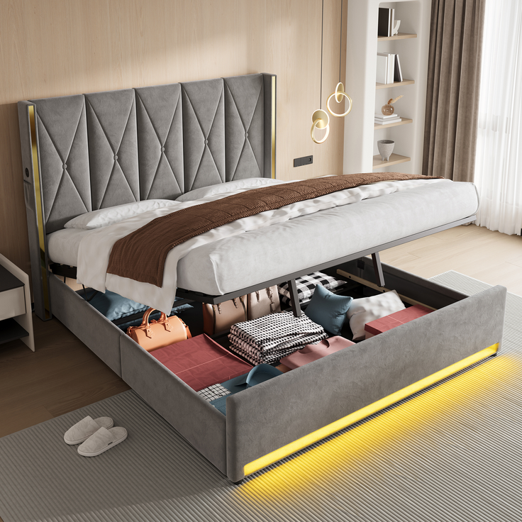 LVHOM Polsterbett mit Stauraum, Doppelbett mit LED, USB-Anschlüsse und Seitentaschen, Funktionbett, 180x200 cm, Grau