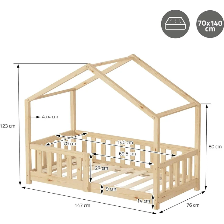 ML-DESIGN Spielbett Hausbett Kinderbett inkl. Lattenrost & Rausfallschutz Kinder Bodenbett, Abenteuerbett 70x140cm Haus Bett Himmelbett Kiefer Jugendbett Natur – Bild 2