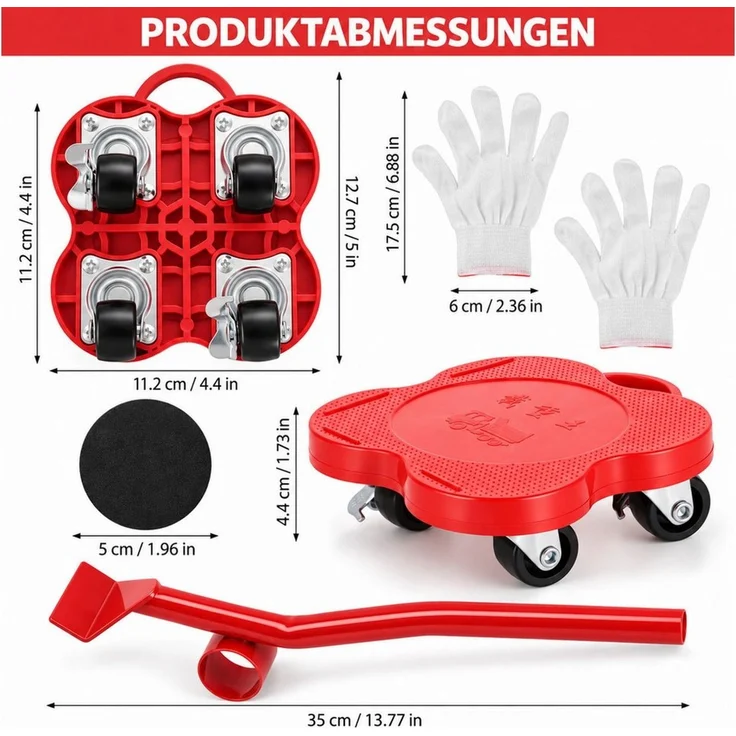 LEMLIT Möbelrolle Möbeltransport-Set mit 4 Möbelrollern und Hebel, bis 500 kg, (4er Set, 6-St, 4 Roller + 1 Hebel + 6 Pads + 2 Handschuhe), Transportroller Schwerlast 360° Rollen mit Bremse, Rot-Schwarz – Bild 3